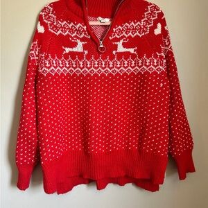 Aerie Red and White Christmas Deer half zip Sweater